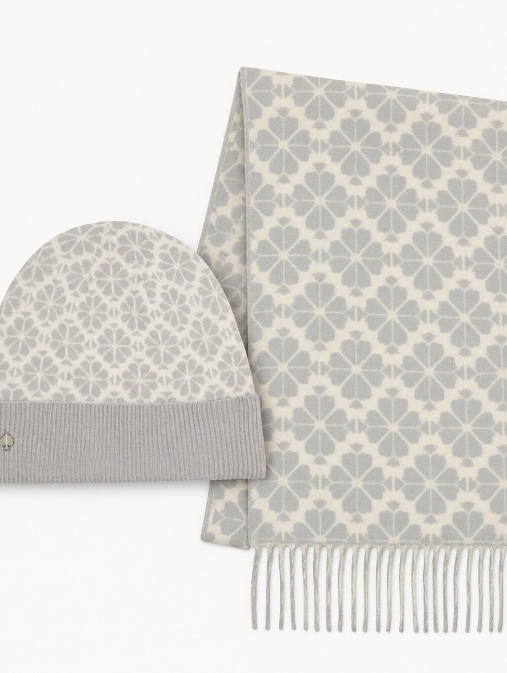Kate Spade White & Gray Floral Spade Cashmere Scarf & Beanie Set NWT